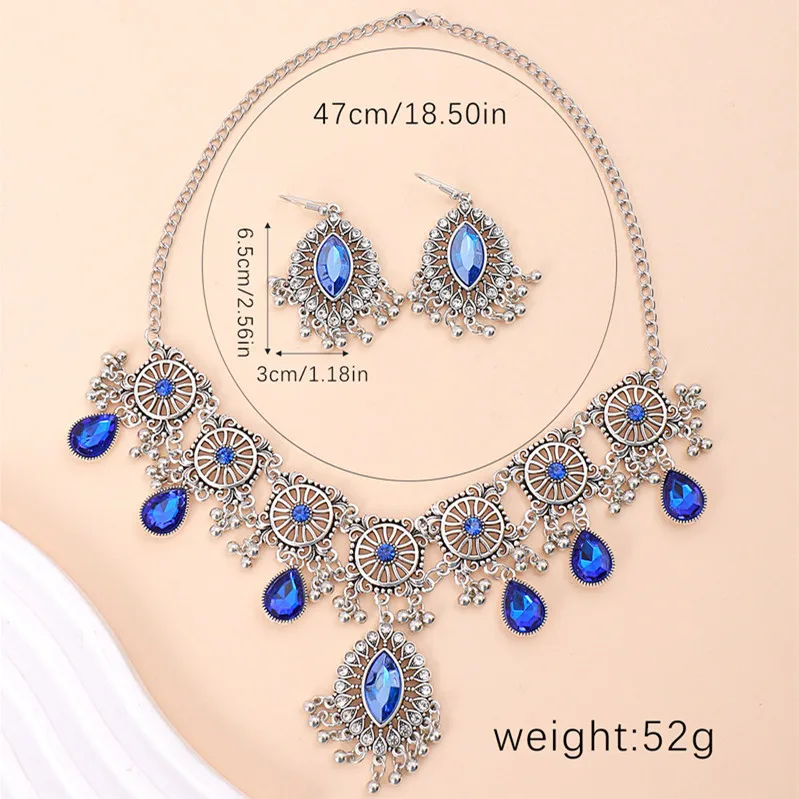 Kymyad Vintage Jewelry Set For Woman Glasses Stone Jewelry Sets Hollow Metal Water Drop Necklace Earrings Set For Women