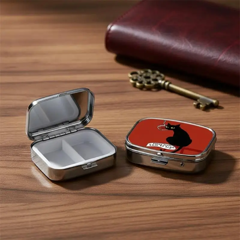 Funny Black Cat Portable Pill Box 2 Grid Metal Mini Medicine Case Pill Organizer Small Travel Medicine Box For Pocket & Purse