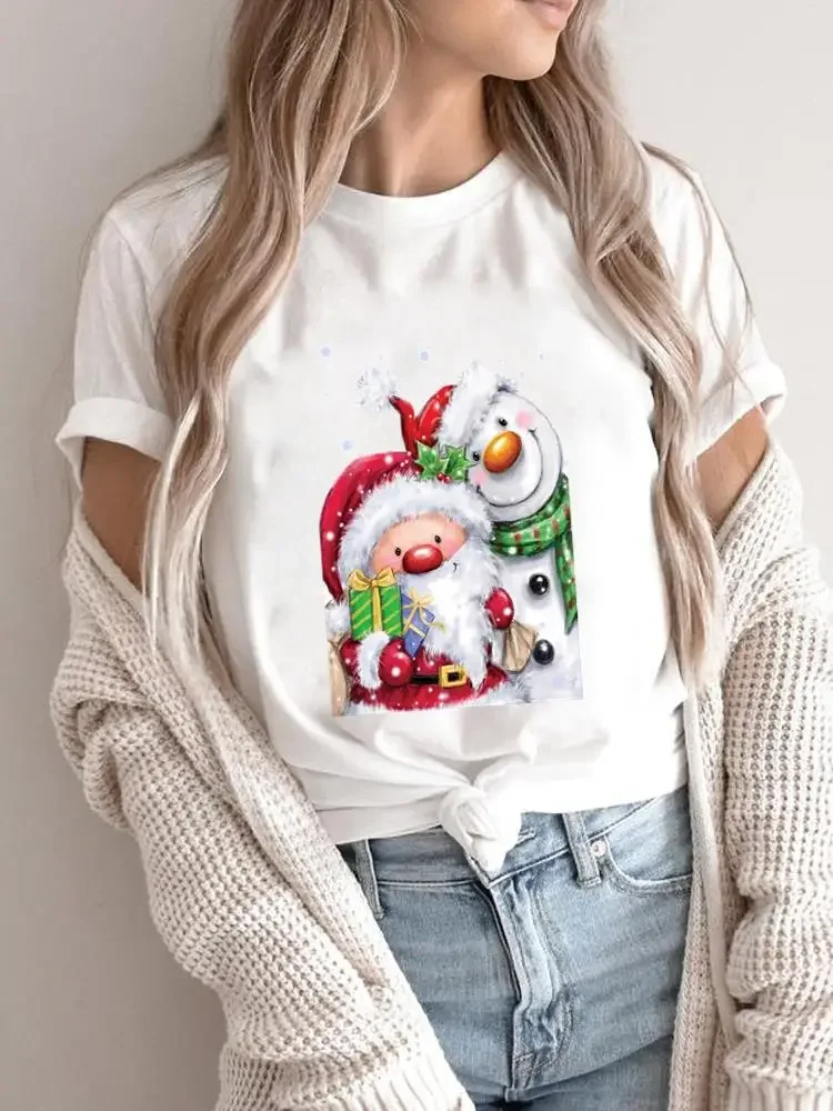 Merry Christmas Women Holiday Shirt Clothing Print T Top Santa Claus Happy Time Graphic Tee Fashion Female New Year T-shirts