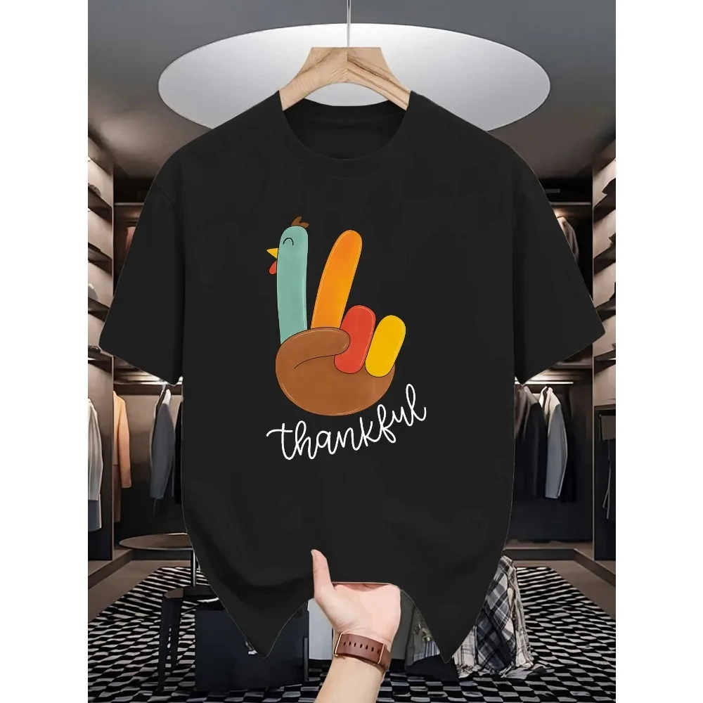 Thanksgiving Cute Turkey Peace Hand Graphic Men T‑Shirt Thankful Slogan Fall Festival Casual Short Sleeve Tee
