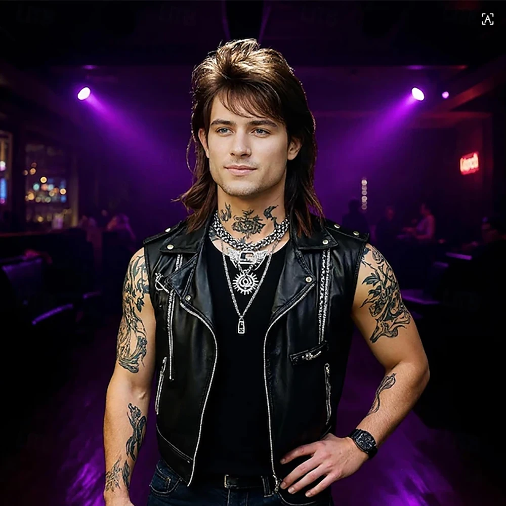 Synthetisches Haar Herren 80er Jahre Rock Mullet Perücke Braune Retro-Frisur für Cosplay Party Vintage Mode – Detail 6