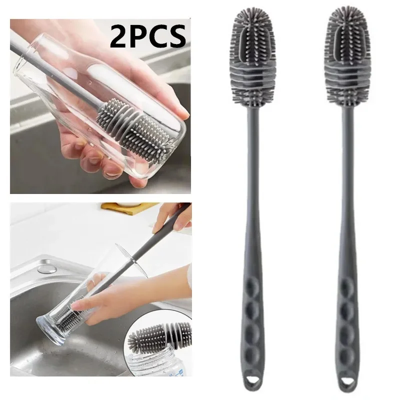 2Pcs Silicone Milk Bottle Brush Cup Scrubber Glass Cleaner Long Handle Drink Bottle Clean Brush Kitchen Cleaning Tool