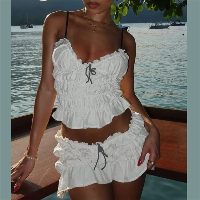 

Women'S Spring/Summer New Fashion Personalized V-Neck Pleated Tank Top Sexy Hip Hugging Short Skirt Set