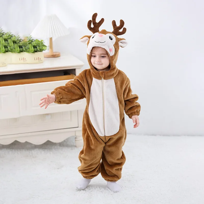 Christmas Baby Girl Clothes Romper Winter Boys Animals Kawaii Elk Deer Cartoon  Bodysuit Infant Hooded Flannel Halloween Costume