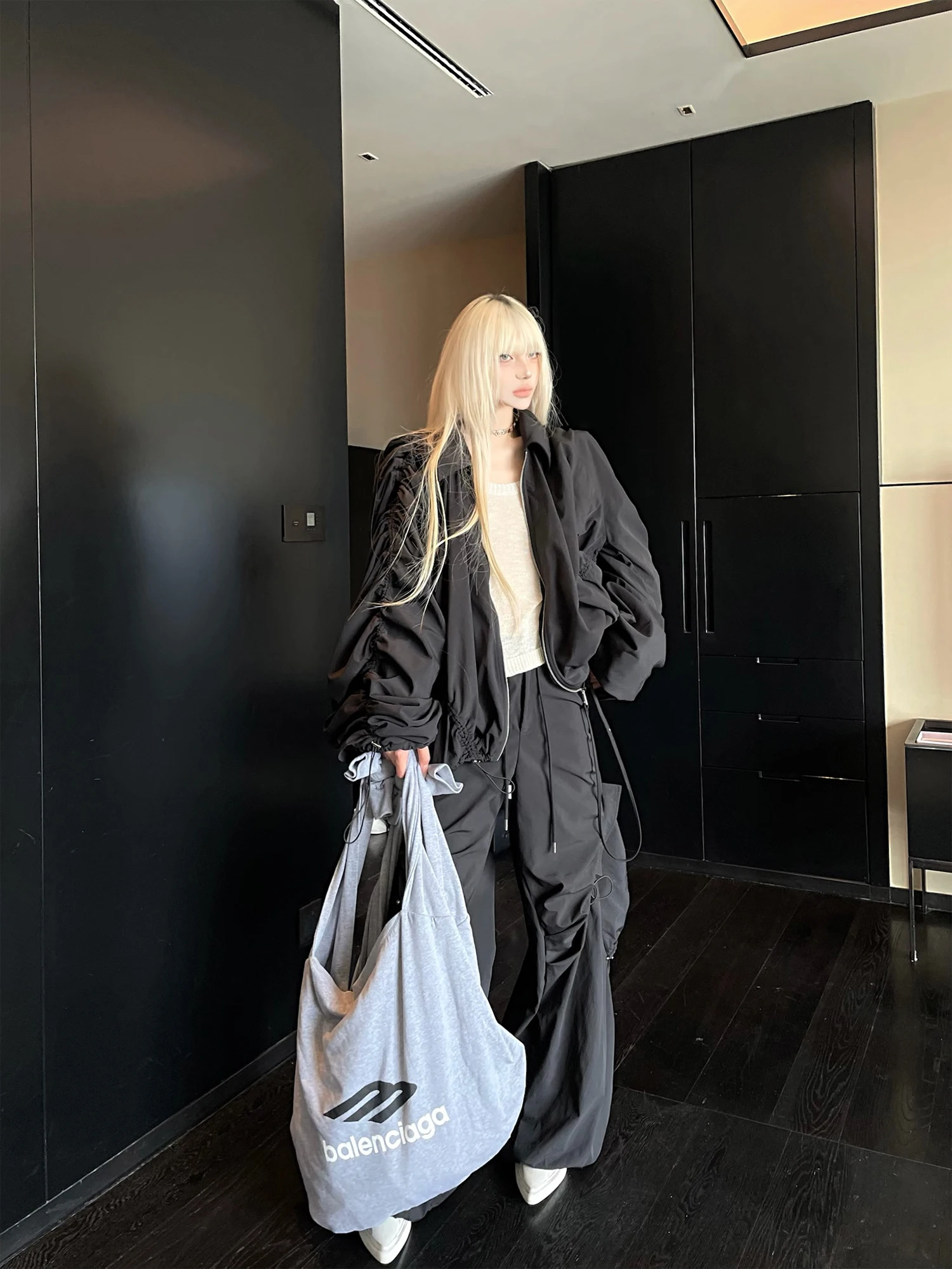 Bla Loose Fit ort Jaet Rase Le Sol ‘Absolute Order’ Street Sle Zipper Coat Nylon Fabric Long Sve Regular Length