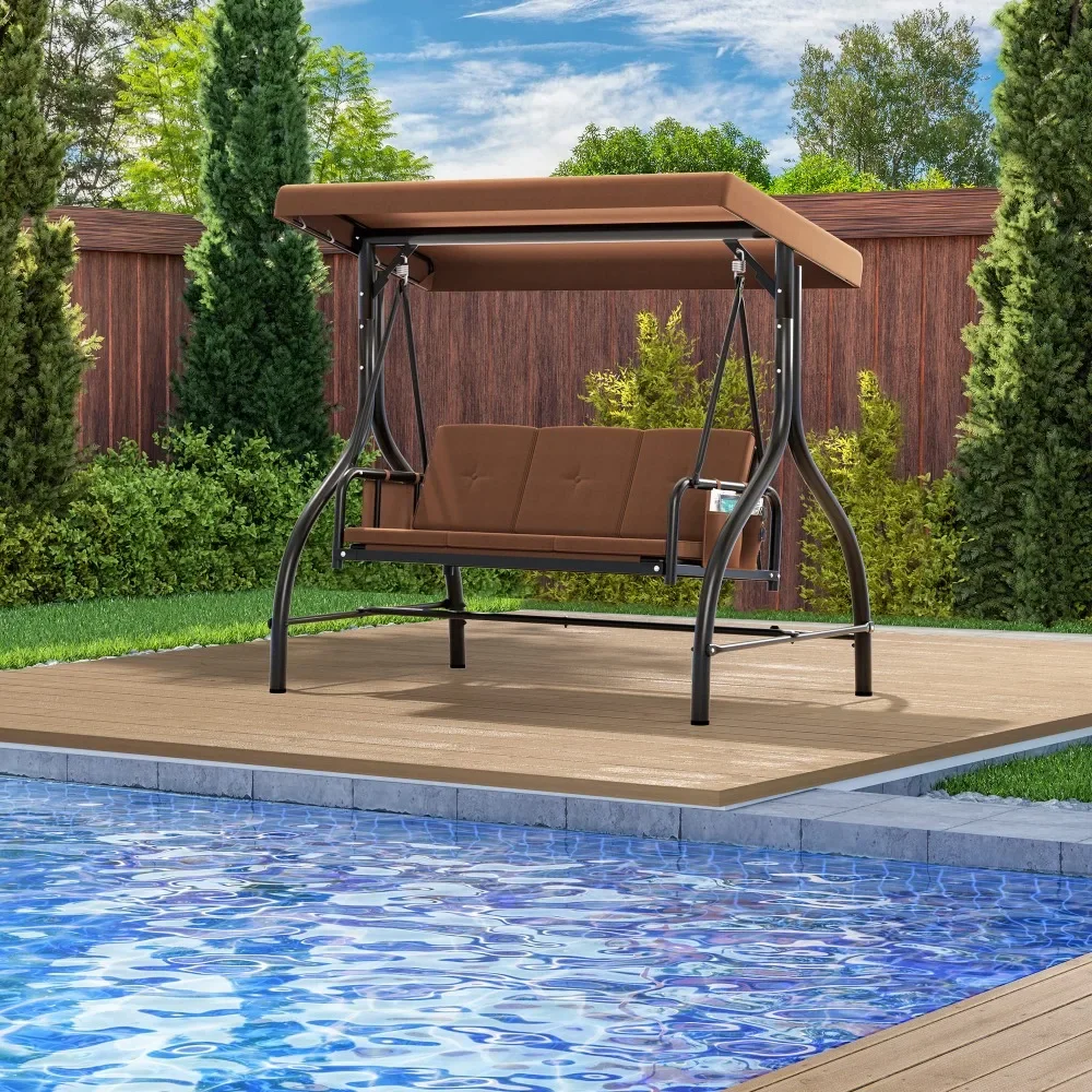 2024 3-Seats Outdoor Patio Swing Heavy Duty Swing Chair with Adjustable Canopy Removable Cushion, Suitable for Adult in Garden