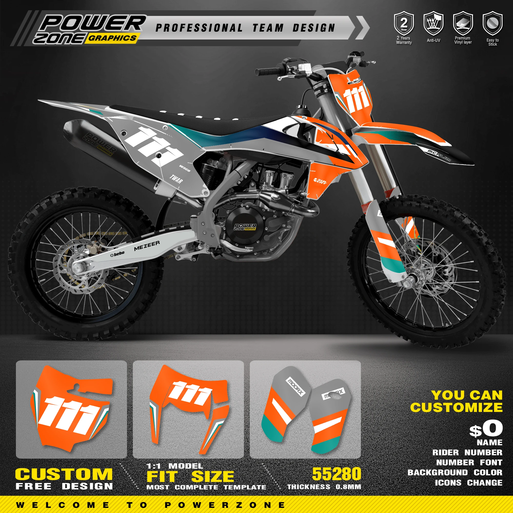 PowerZone For KTM SX SXF MX 2016-2018 EXC XCW Enduro 2017-2019 125 to 500cc Custom Graphics Backgrounds Decals Stickers Kit 119