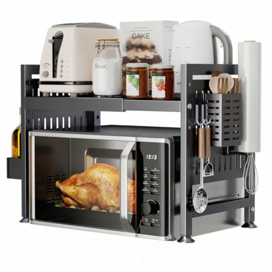 

Extendable microwave oven rack countertop kitchen utensil and utensil storage rack with 6 hooks cling film holder spice rack an