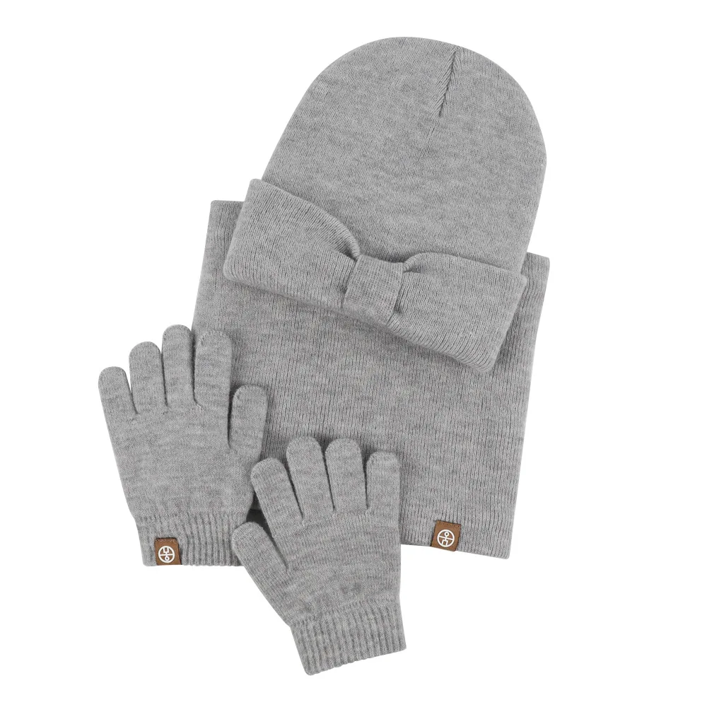 Lenço forrado de lã infantil e luvas conjunto, bebê arco gorro quente, bonito chapéu de inverno conjuntos, 3 pcs