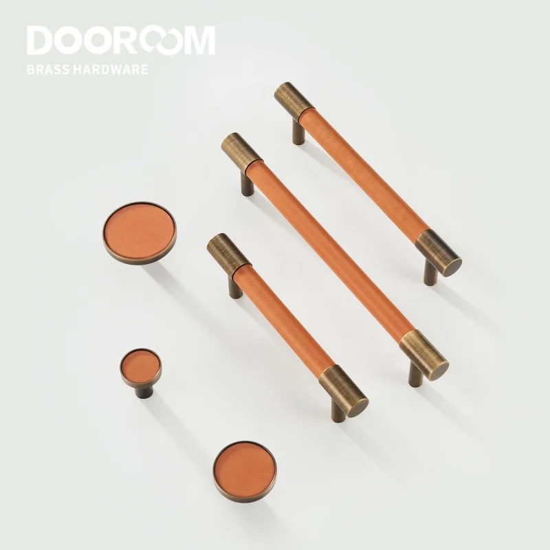 Dooroom Brass Furniture Handles Real Leather Nordic Simple Pulls Cupboard Wardrobe Dresser Shoe Box Drawer Wine Bar Cabinet Knob