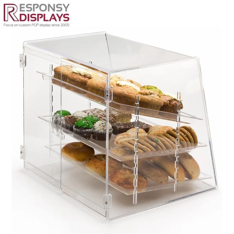 Customized product、OEM transparency acrylic food counter bread donut display rack bakery display cabinet