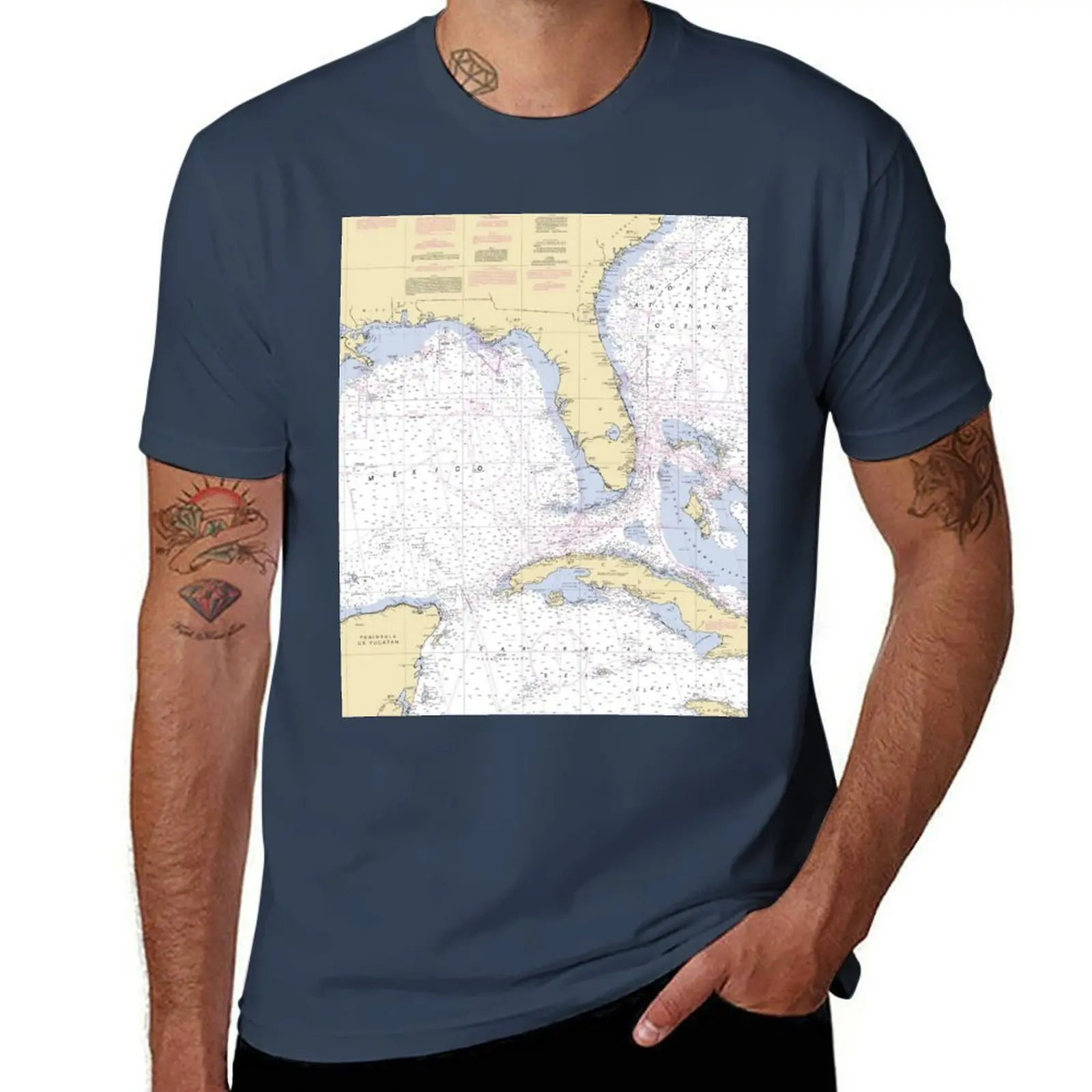 

of Mexico, Print Raster Graphic Gulf Cuba, Nautical Bahamas Florida, #411 Chart T-Shirt Urban Casual Loose Fit Tee