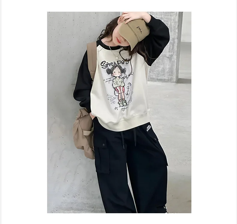 Girls Hoodie 2024 Autumn New Childrens Wear Korean Style Girl Baby Girl Printed Color Matching Round Neck Hoodie Casual Simple image 6