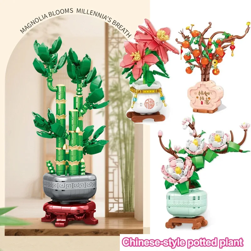 Simulato cachi/fiore/bambù modello blocchi di costruzione pianta in vaso in stile cinese assemblato decorazione della stanza mini mattoni fai da te giocattolo