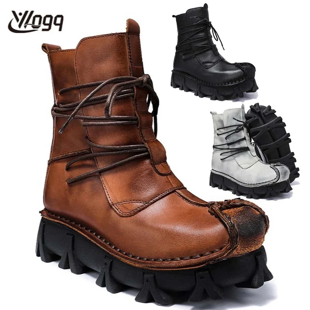 Men's Genuine Leather Skull Boots Gothic Punk Motorcycle Boots Combat Mid-calf Boots Safety Shoes Winter Lace-up