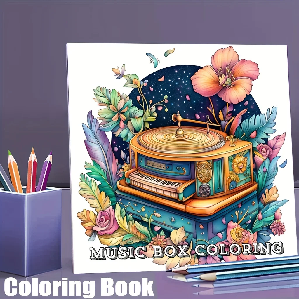 28 Pages Music Box Coloring Book for Adult Stress Reduction | Colouring Book for Relax and Mood Reduction Valentine's Day
