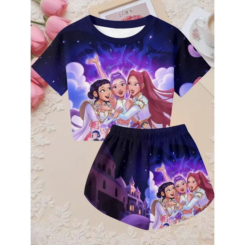 Kids Girls Crop 2 Piece Loungewear Cartoon Kitten & Anime Girl Team Print Short Tee Soft Elastic Sleep Shorts