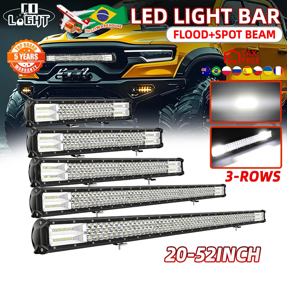 Barre lumineuse LED CO LIGHT à 3 rangées, 52 pouces, faisceau combiné spot et large, pour conduite tout-terrain, éclairage de travail 20 pouces pour camion, pick-up, VTT, UTV, SUV
