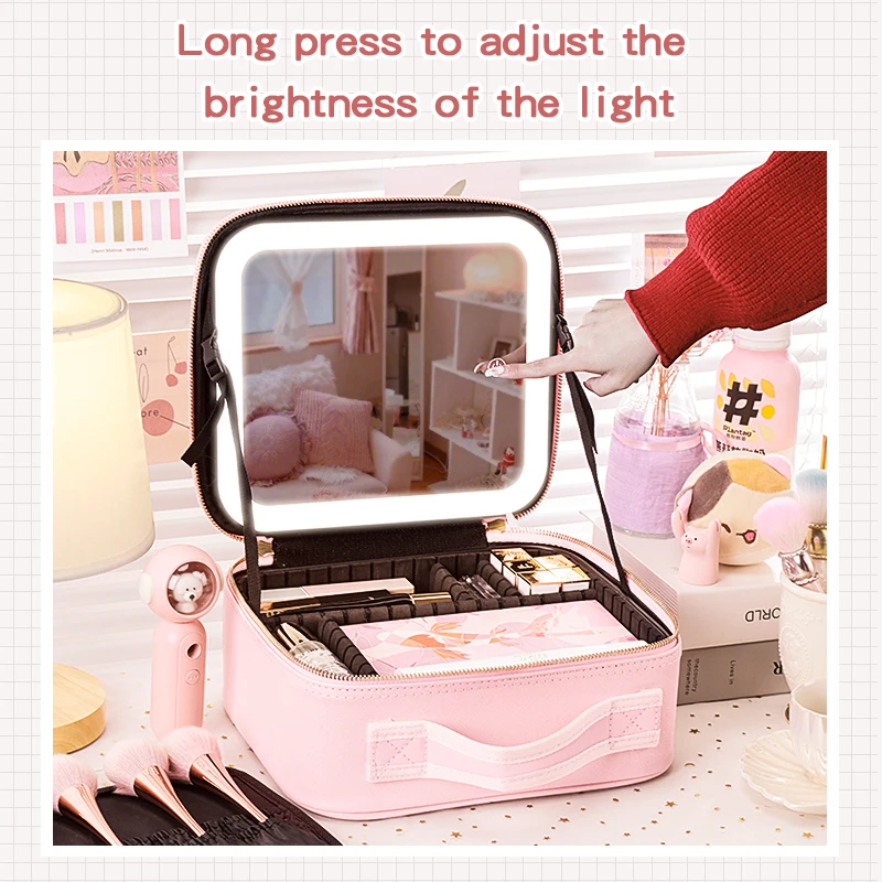 Travel Makeup bag with Large Lighted Mirror Partitionable Cosmetic Bag Professional Cosmetic Artist Organizer, Waterproof Porta