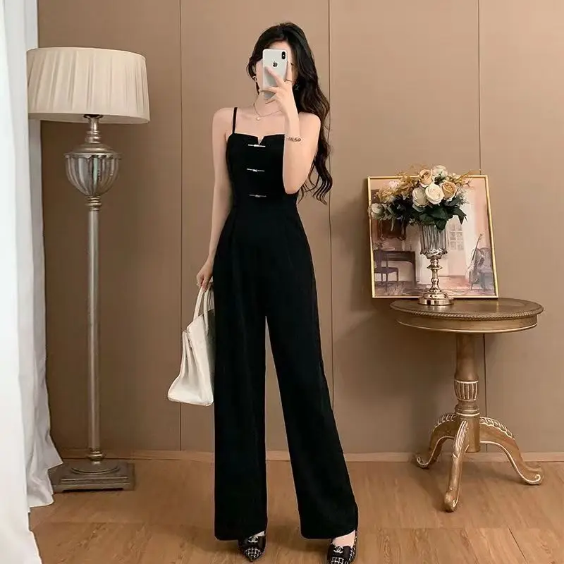 2024 Spring Summer New Petite Waist Cinching High Camisole Straight Leg Jumpsuit For Women Wide Leg Casual Pants Sling Romper