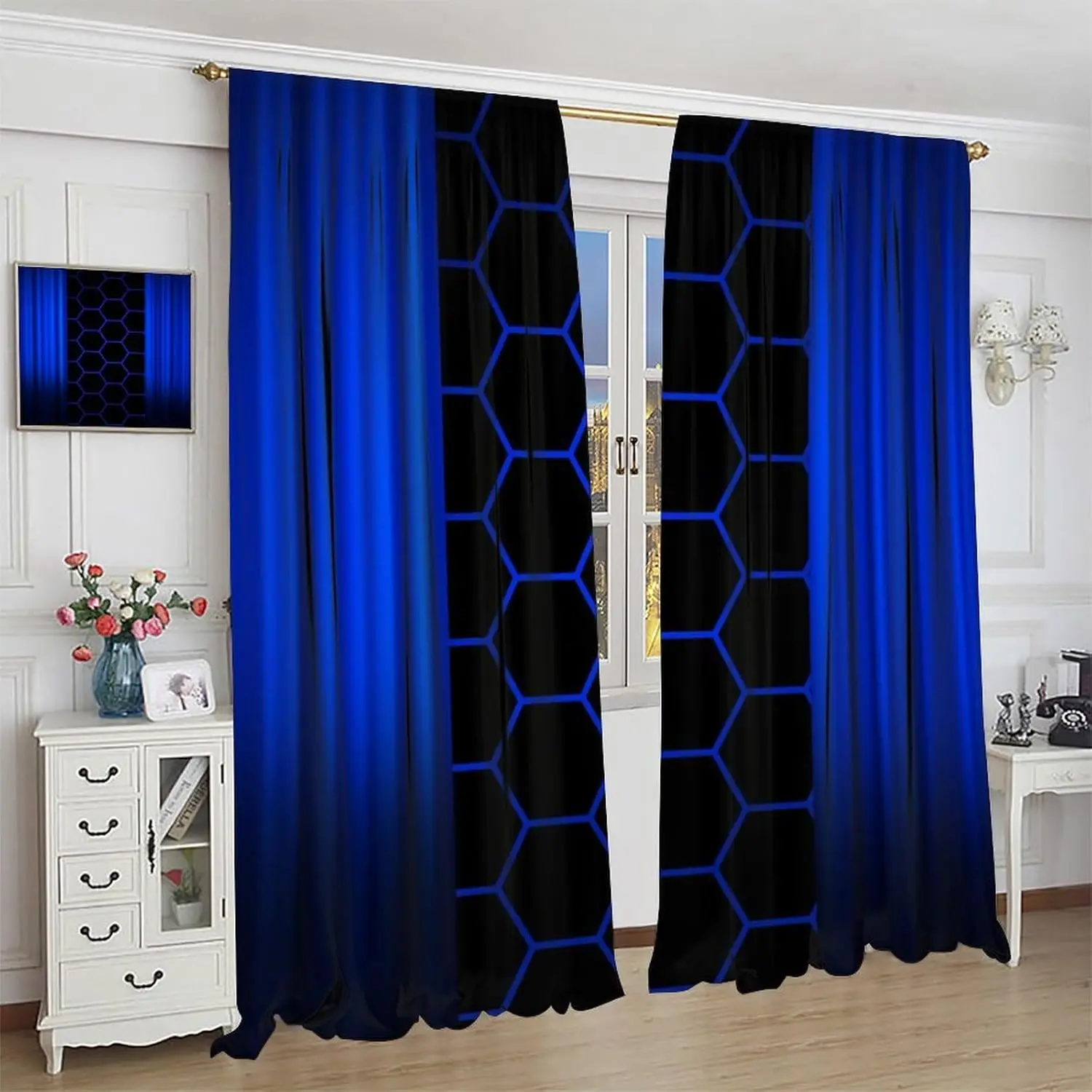 Modern Honeycomb Curtains for Kids Boys Girls Game Bedroom Decor Abstract Geometric Ombre Hexagon Black Blue Neon Lights Printed