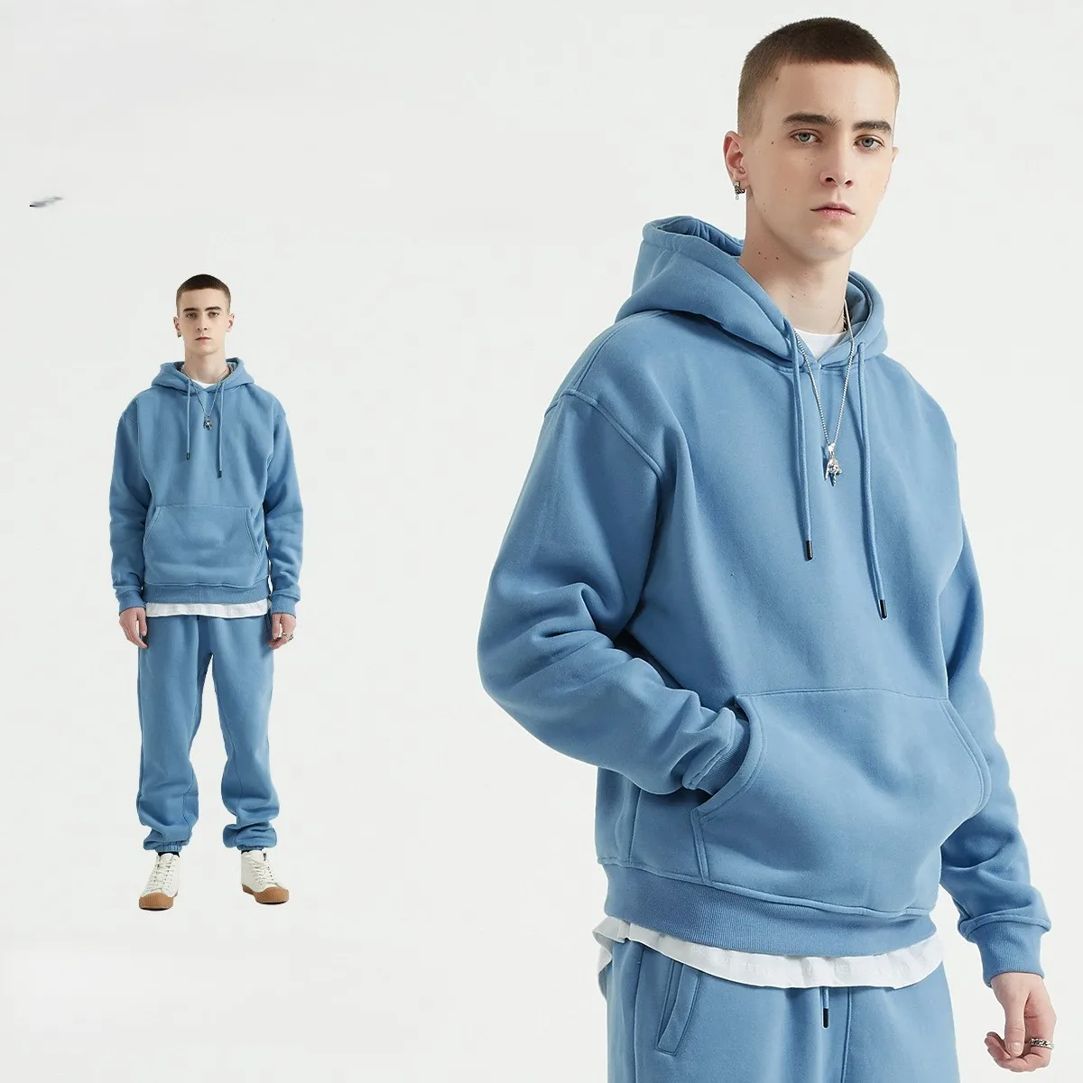 Loose solid color hoodie and sweatpants set     Thick fleece pullover hoodie customized clothes bundle