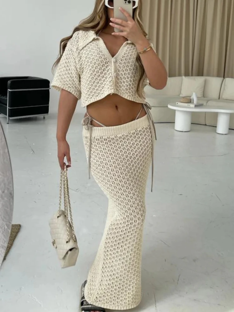 Elegant Women's Sets Beach 2024 Knitted Hollow Out Cardigan Top Bodycon Skirt Sets Mesh High-Waist Bottoms Suit Sexy Streetwear