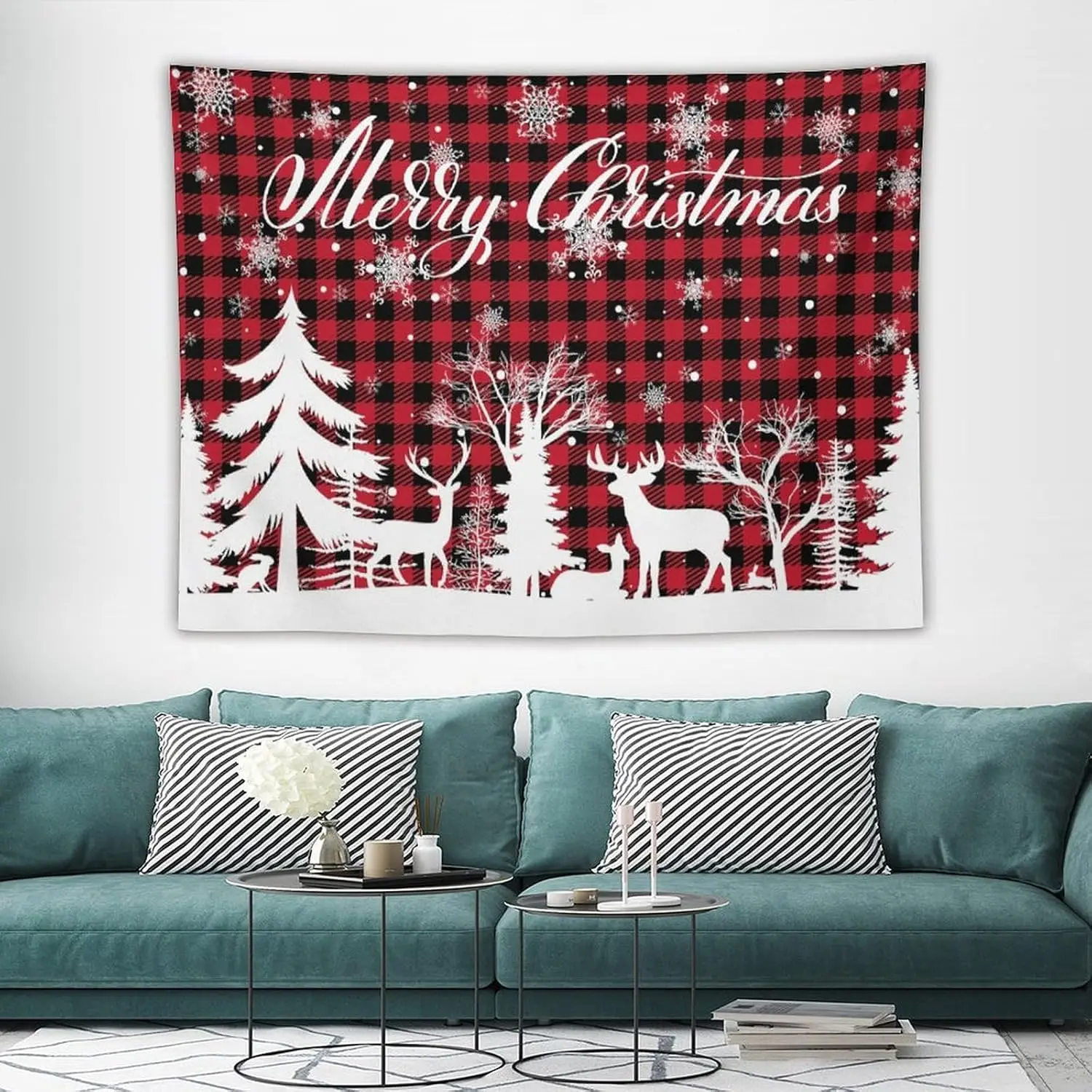 Christmas Tapestry Wall Hanging,Xmas Tree Red and Black Buffalo Plaid Tapestry Reindeer Soft Tapestry Wall Art Home Décor for