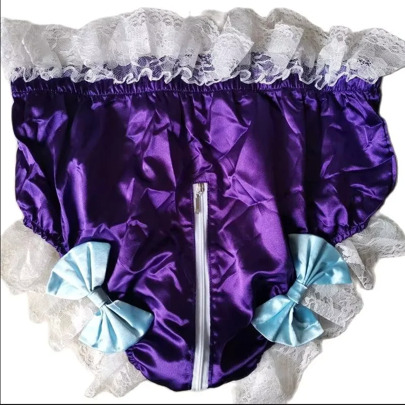 French Sexy Adult Customized Fetishist Crossdressing Sissy Purple Satin White Lace Panel Zipper Opening Bow Embellishment Shorts