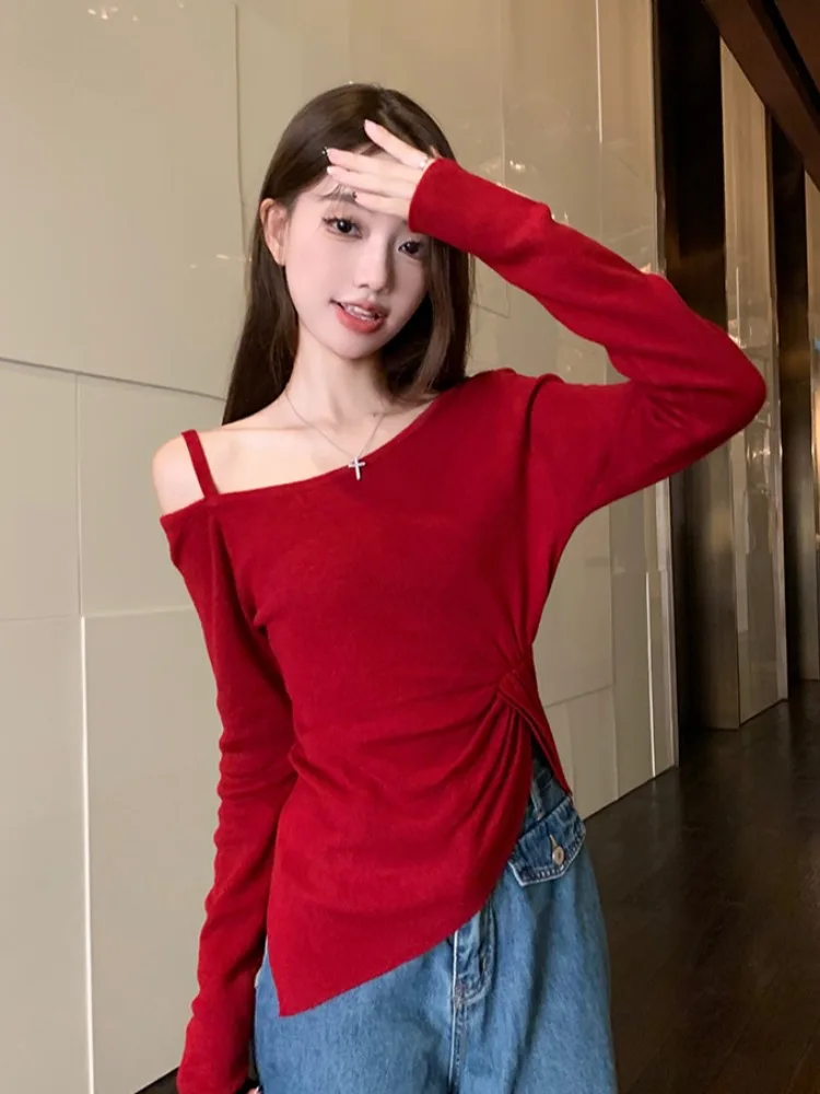 

Early Autumn New Style Women's Slim Fit Long Sleeve Shoulder Bared Side Collar Top Korean Version Commute Style Pure Color