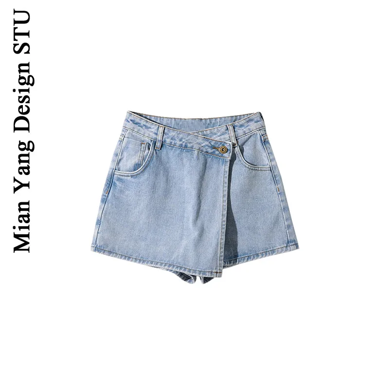 

Faionable Anti-Aging High Waist Crop Jeans Women's Vintage ort Skirt Pants Hong Kong Sle Diagonal Button ort Pants