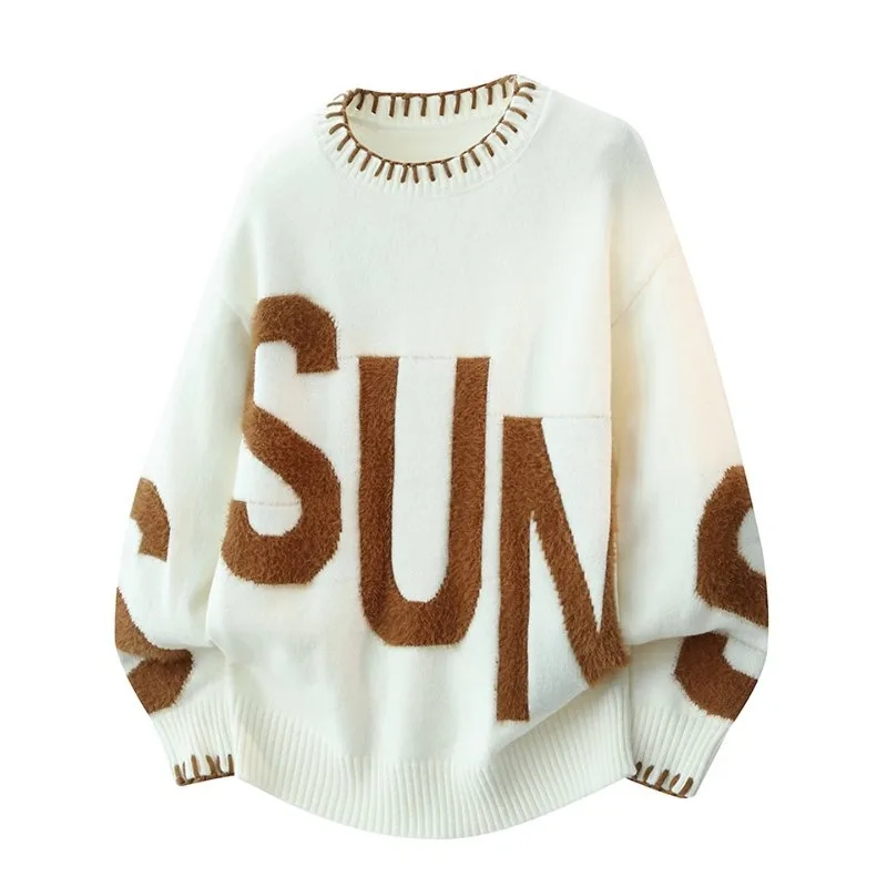 

Men's Casual Oversized Knit Sweater Fluffy Letter Decor Crew Neck 3D Woven Pullover Autumn Winter Unisex Knitwear