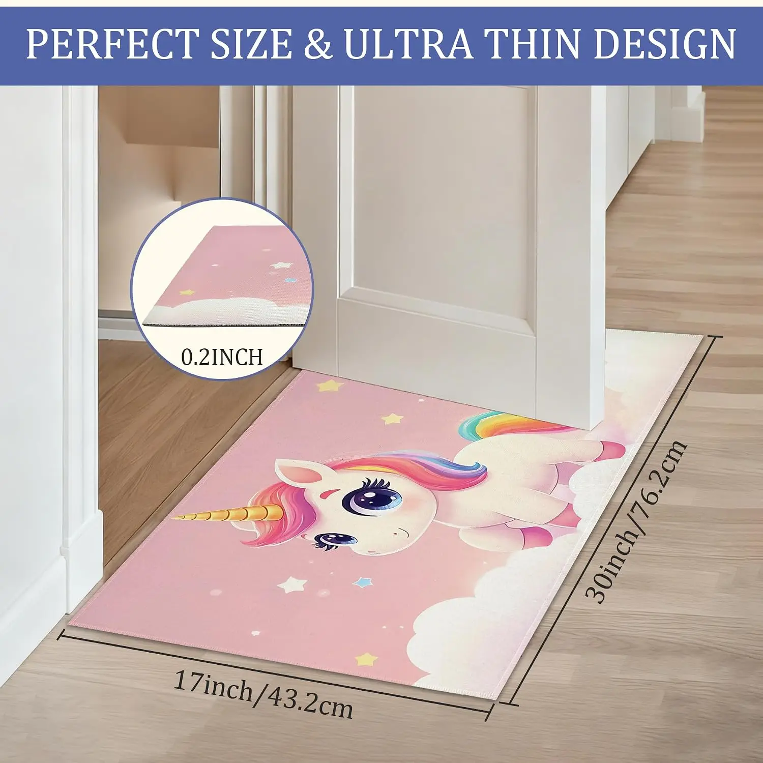 Cute Pink Cartoon Unicorn Doormat, Kawaii Cloud Pony Kids Art Print, Non-Slip Washable Rug for Entry Hall Kitchen Office Indoor