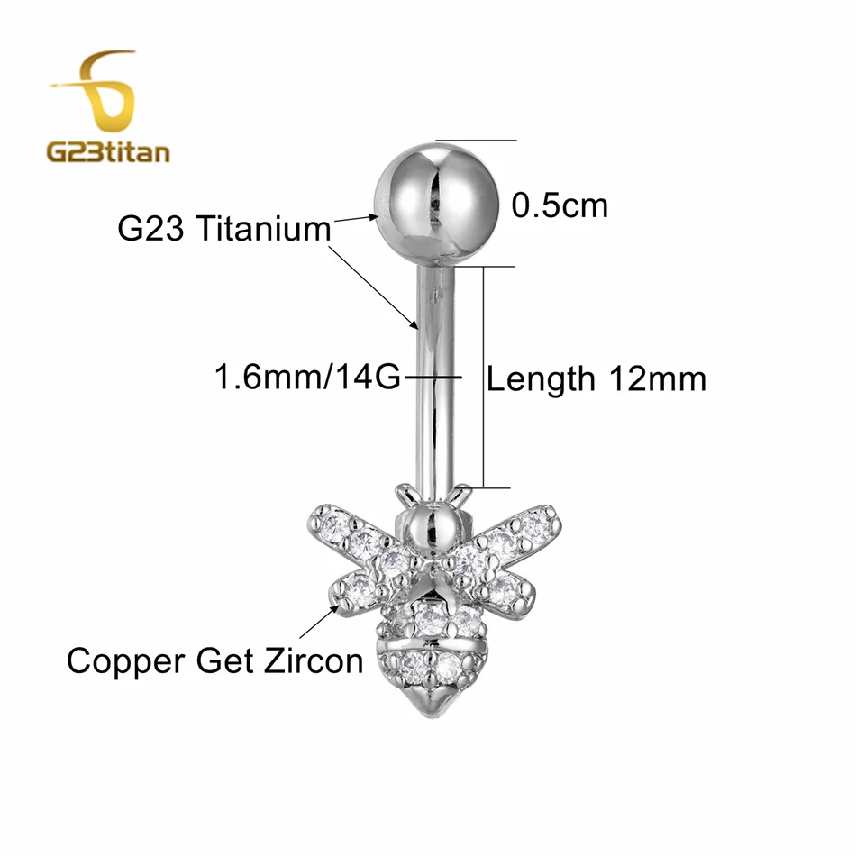 14G  8-14mm Length Titanium Barbell Belly Button Ring Silver Color Zircon Bee Navel Earring Women Piercing Fashion Body Jewelry