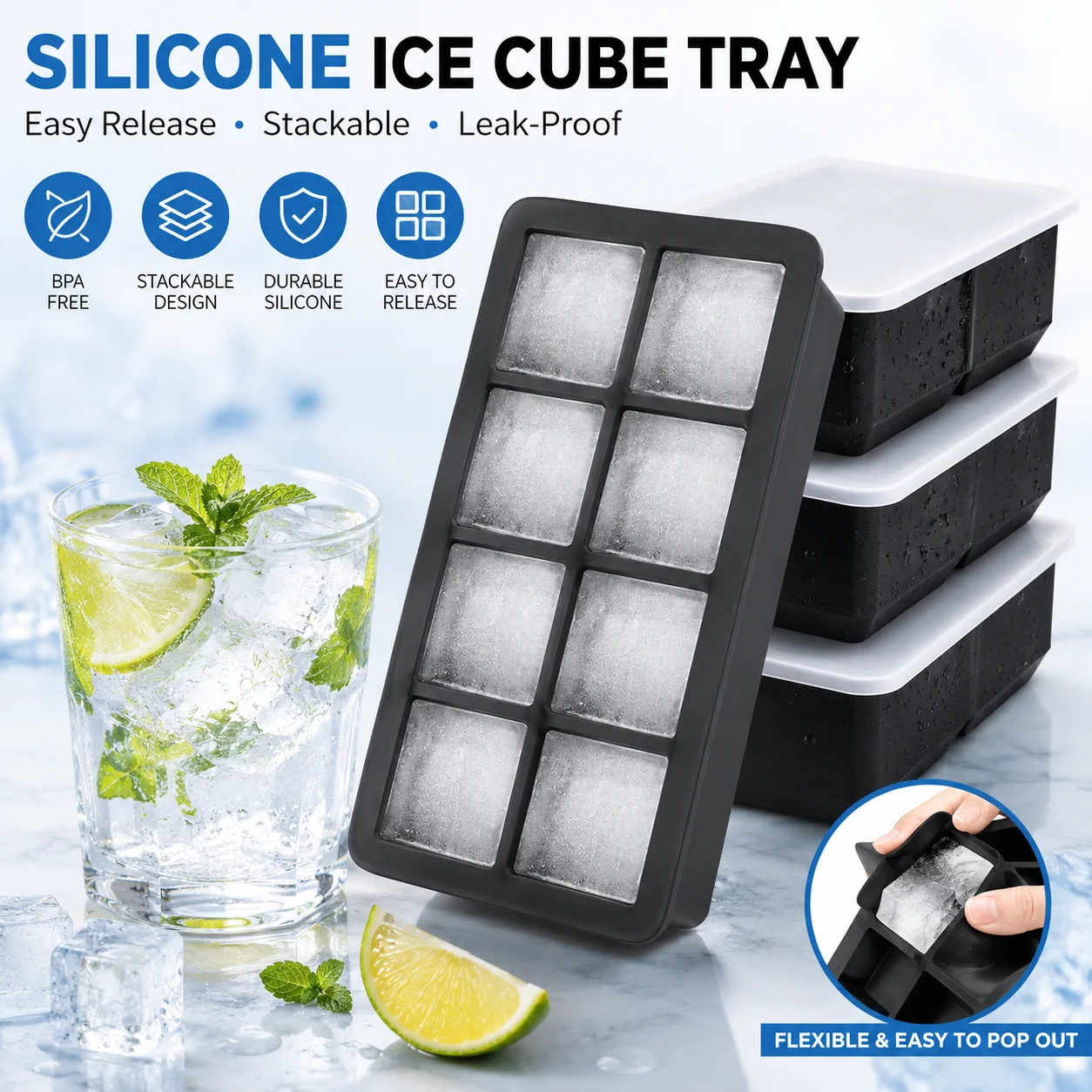 6/8/15Grid Big Ice Tray Mold Box Large Food Grade Silicone Ice Cube Square Tray Mold Pub Wine Ice Blocks Maker Model