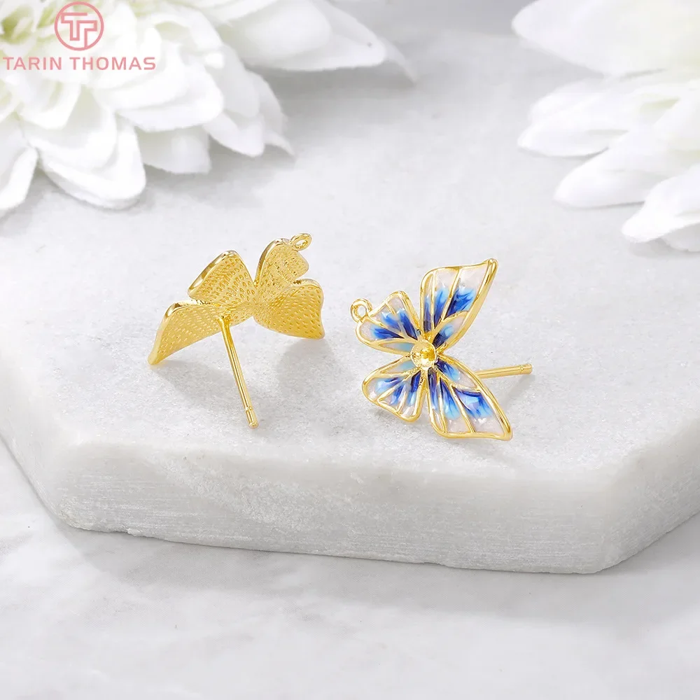 (2668) 2PCS 14x14MM 24K Gold Color Brass Oil Plating Butterfly Stud Earrings High Quality DIY Jewelry Making Findings