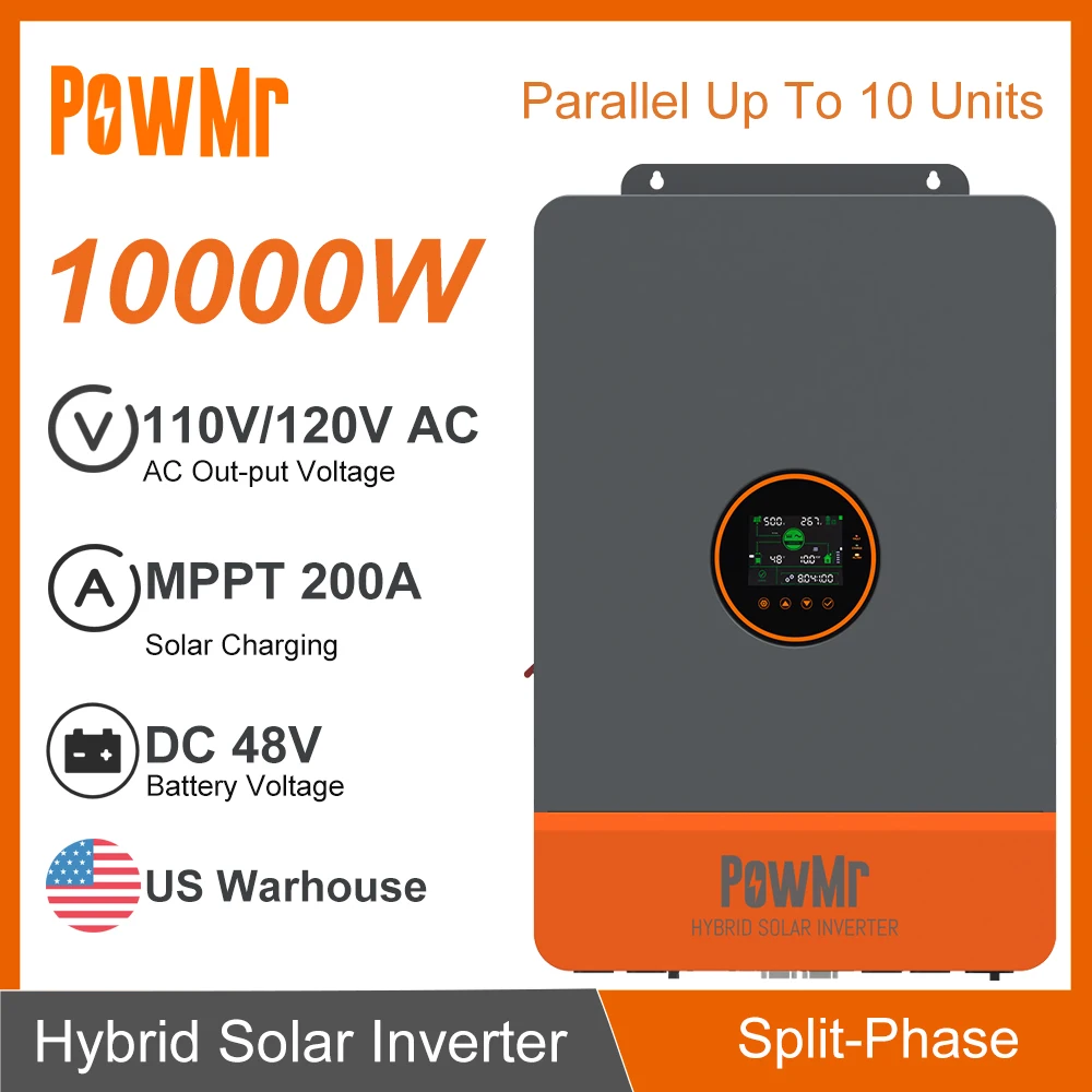 PowMr 10KW 48V DC to 120V/240V AC Split-Phase Pure Sine Wave Hybrid Inverter Built-in 200A MPPT Solar Charge Parallel Max 6 Unit