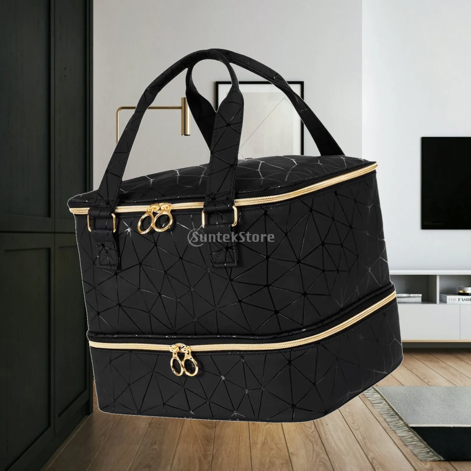 Portable Double Layer Nail Polish Organizer PU Leather Makeup Storage Bag with Lamp Holder for Home and Travel