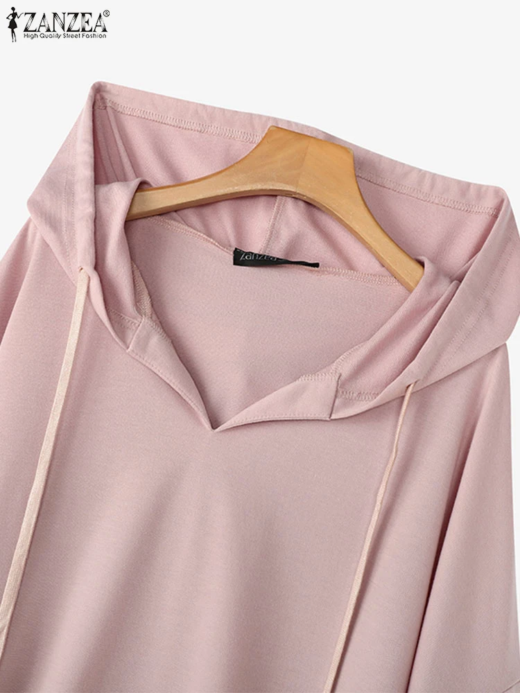 ZANZEA Autumn Women Hoodies Vintage Long Sleeve Tunic Hooded Collar Knitted Sweatshirt Casual Loose Drawstring Tops 2025