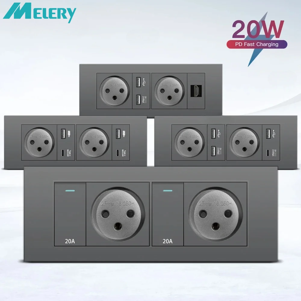 

Розетка Melery Grey Israel Стандартная огнестойкая панель SC31 195 мм USB Type C Настенная розетка для быстрой зарядки Телевизор Tel CAT5 CAT6