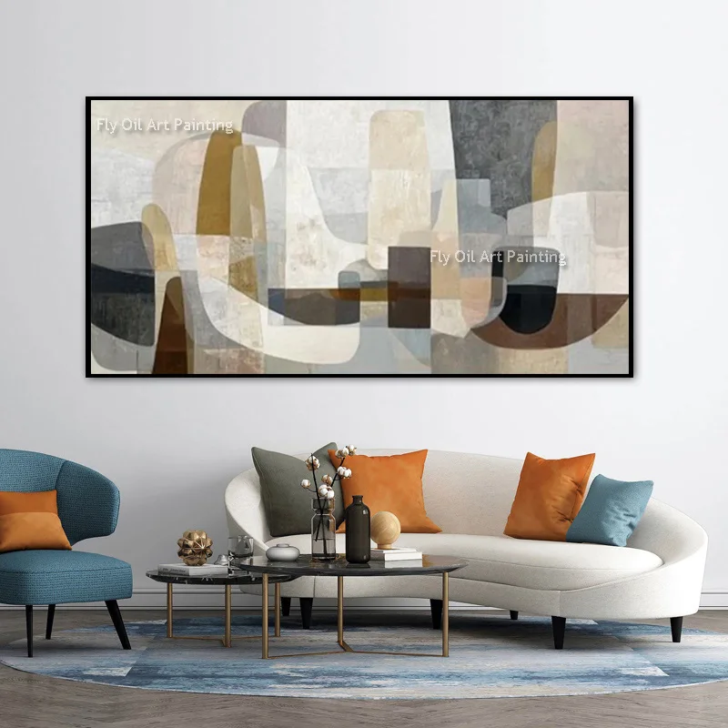 Beige And Grey Abstract Handpainted Canvas Wall Art Decor For Living Room Large Design Brown Yellow Knife Thick Oil Painting