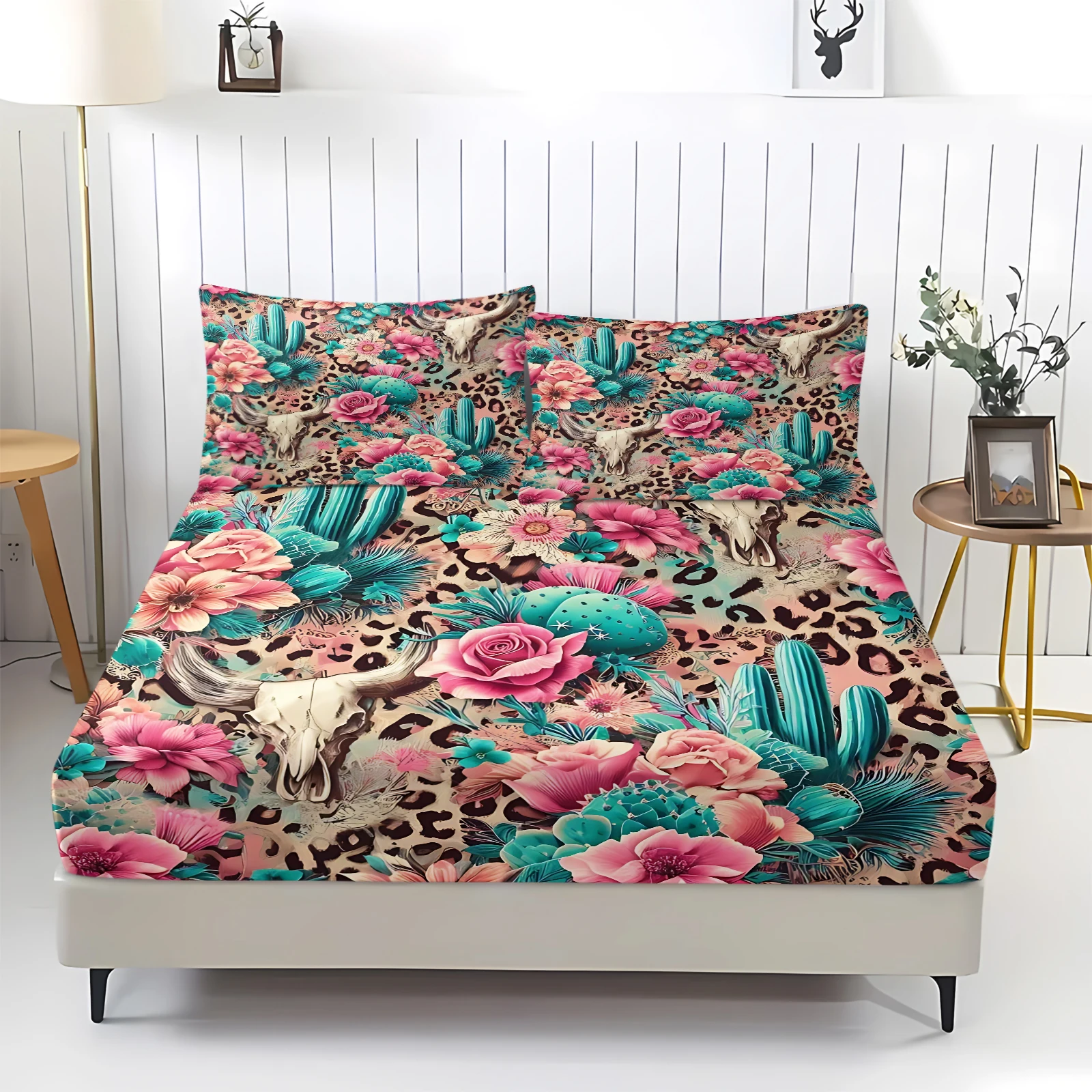 Western Cow Skull Leopard Print Fitted Sheet Set Boho Rose Cactus Tropical Floral Bed Sheet Deep Pocket Elastic Mattress Cover