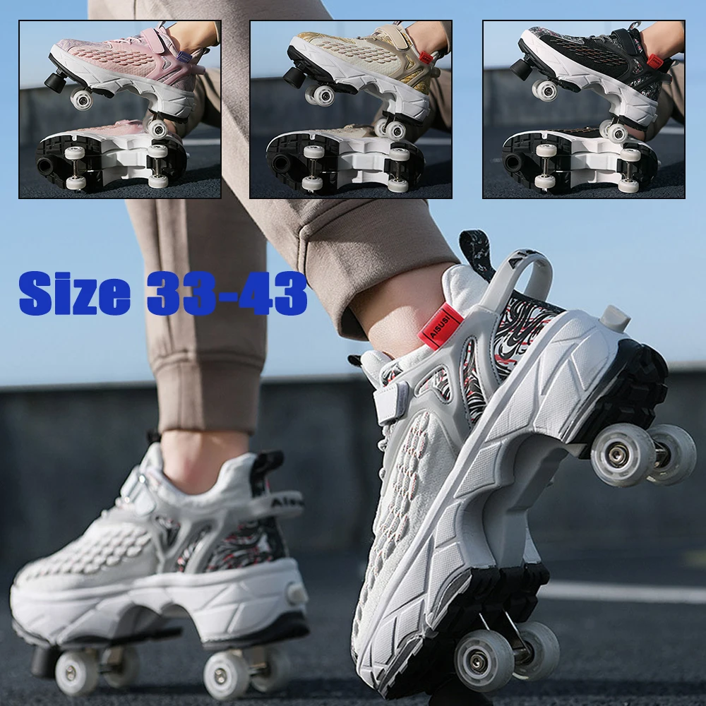 Size 33-43 Roller Sneakers Deformation Shoes Double Row Roller Skates Outdoor Skating 4 Wheels Shoes Adult Boys Girls Parkour