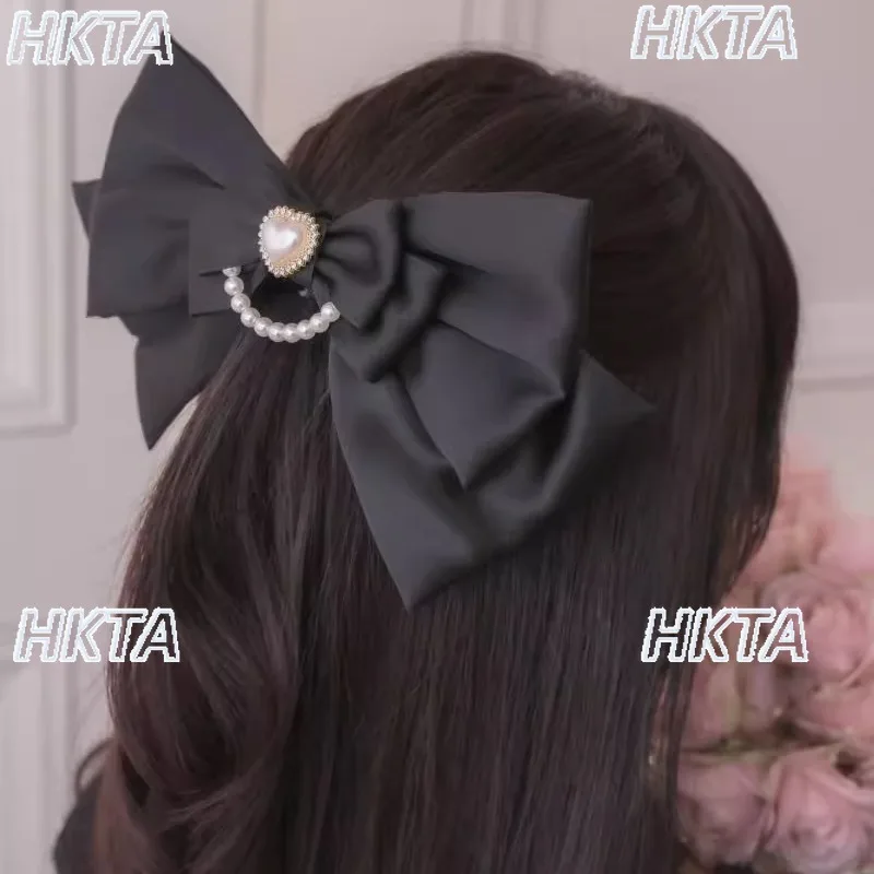 

Japanese Style Sweet and Cute Princess Oversized Bow Pearl Pink and Black Headgear Hairpin Women Lolita Ponytail Top Clip Female