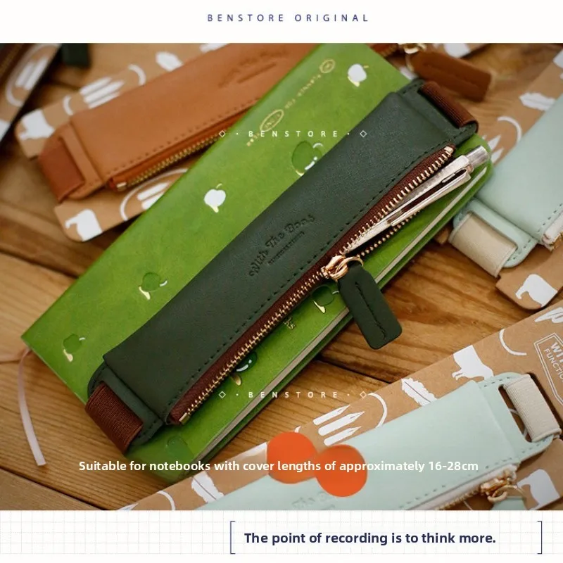 Picture 7: Portable PU Leather Zipper Pen Pouch Adjustable Elastic Book Strap Pen Holder Notebook Accessory Stationery Storage Bag