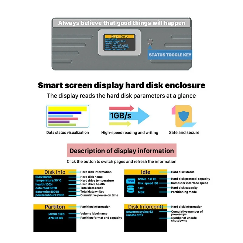 Smart M.2 Nvme / SATA SSD Enclosure, USB 3.2 Gen 2 10Gbps, External M2 Adapter Case Support M-Key B +M Key UASP RTL9210