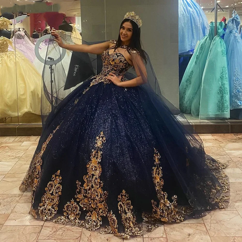 

Elegant Light Blue Quincenara Dress With Gold Applique Lace Ball Gown With Cape Corset Sweet 16 vestidos quinceañera 2024 modern