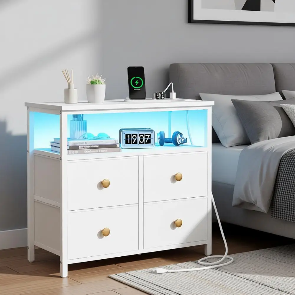 

Contemporary 3-Tier Wood Nightstand with LED Light and Charging Station for Bedroom