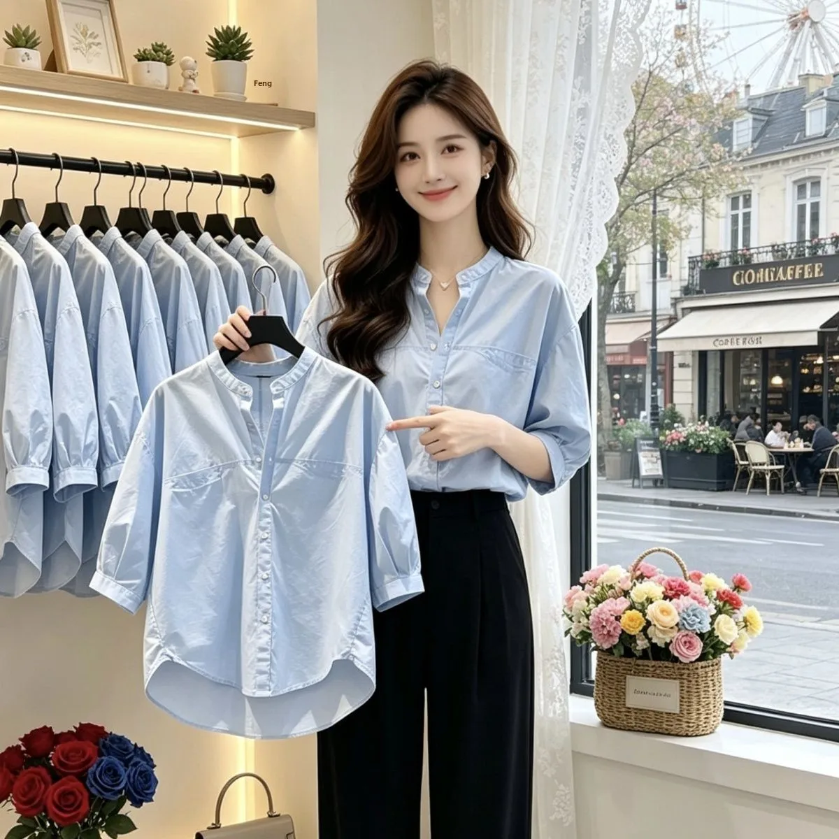 

Fashionable Small Shirt round Neck Casual mid Sleeve Summer Loose Women's Shirt Front Short Back Long Design New Style