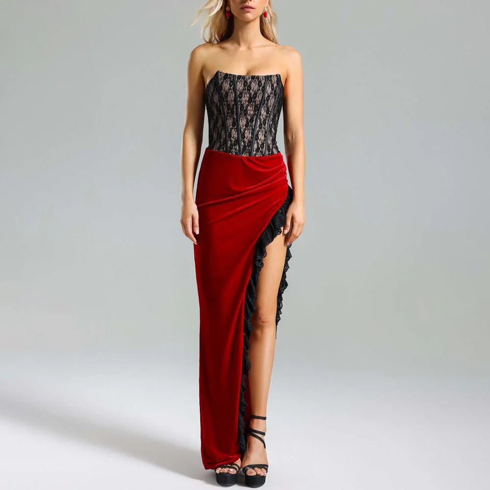 

Sexy Strapless Lace Patchwork Long Dress Velvet Off-Shoulder Backless High Slit Slim Fit Ruffles Elegant Evening Party Gown